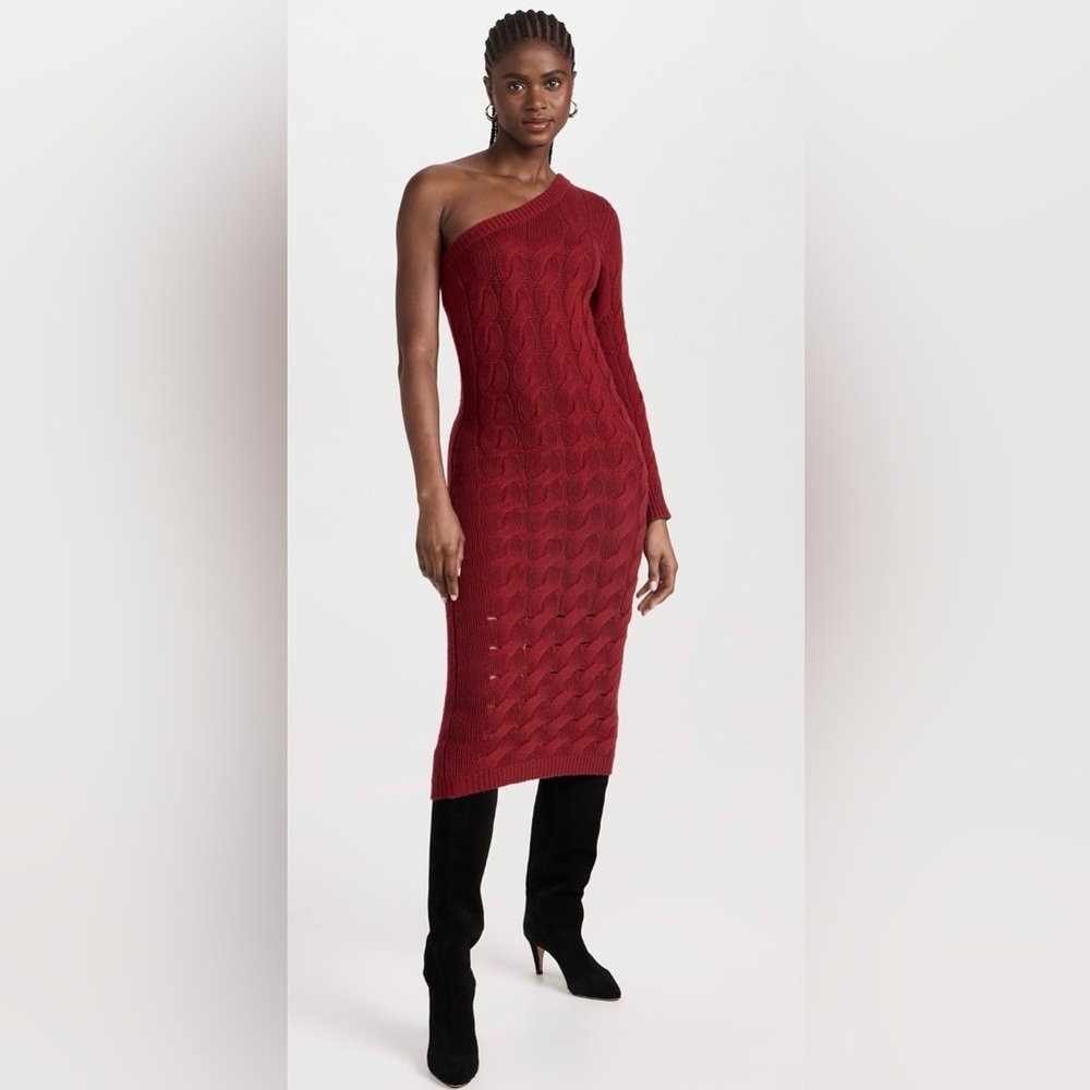NAADAM Red Wool Cashmere One-Shoulder Cable Knit Midi Dress - size S $375 - Picture 3 of 12